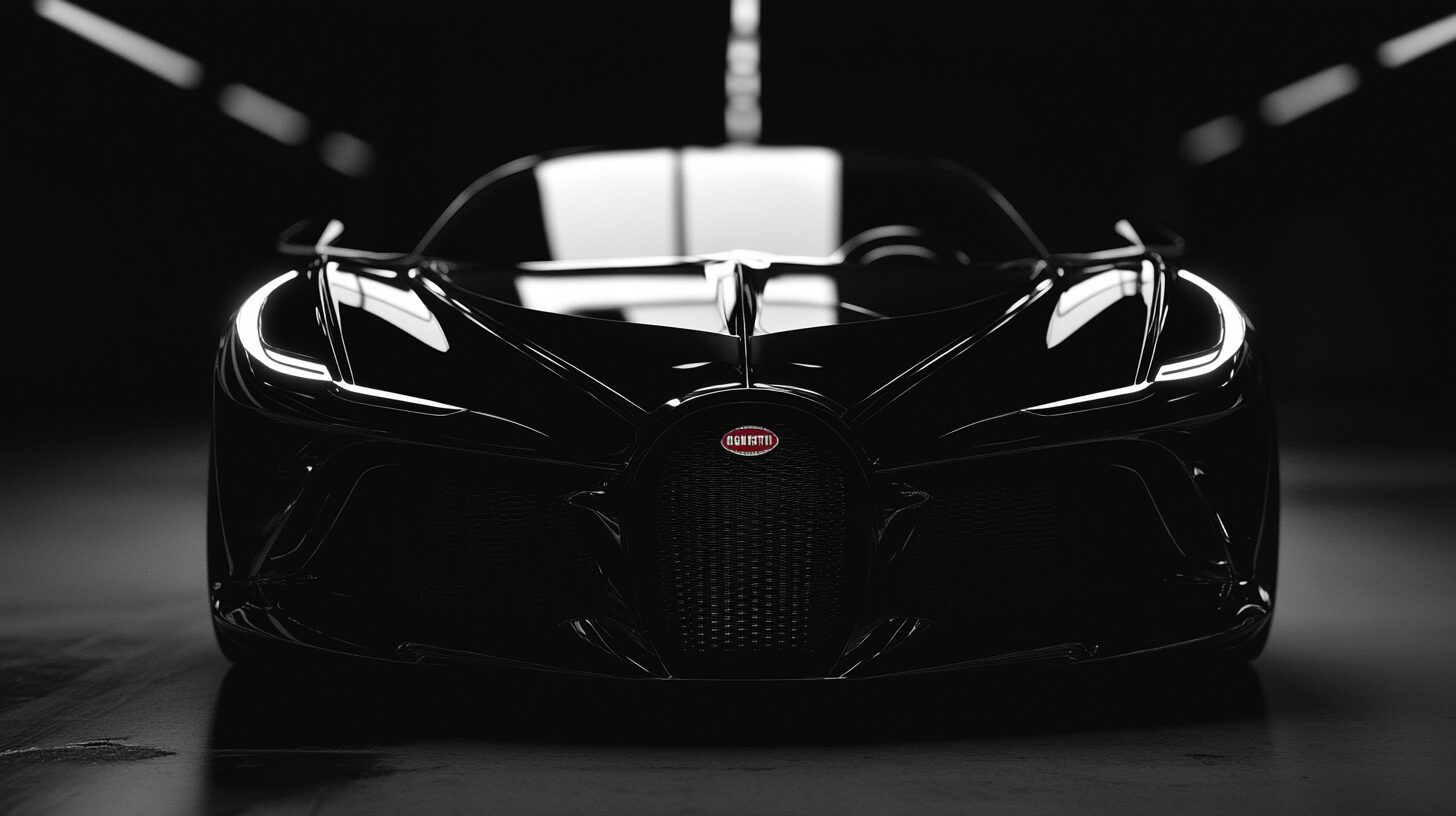 A sleek, black Bugatti Divo sports car with its headlights illuminated, parked in a dark, reflective tunnel.