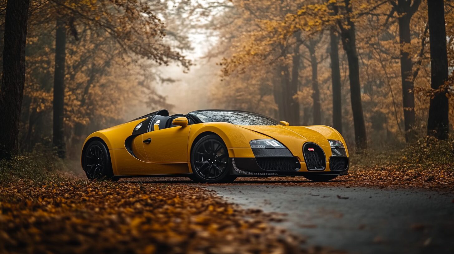 A yellow Bugatti Veyron sports car parked on a road covered in autumn leaves amidst a forest.
