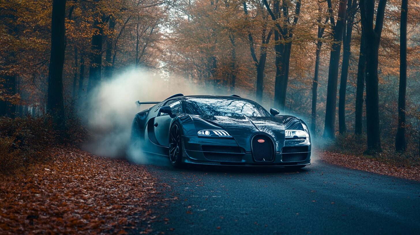 A black Bugatti Veyron drifts on a winding road through an autumn forest, smoke billowing from its tires.