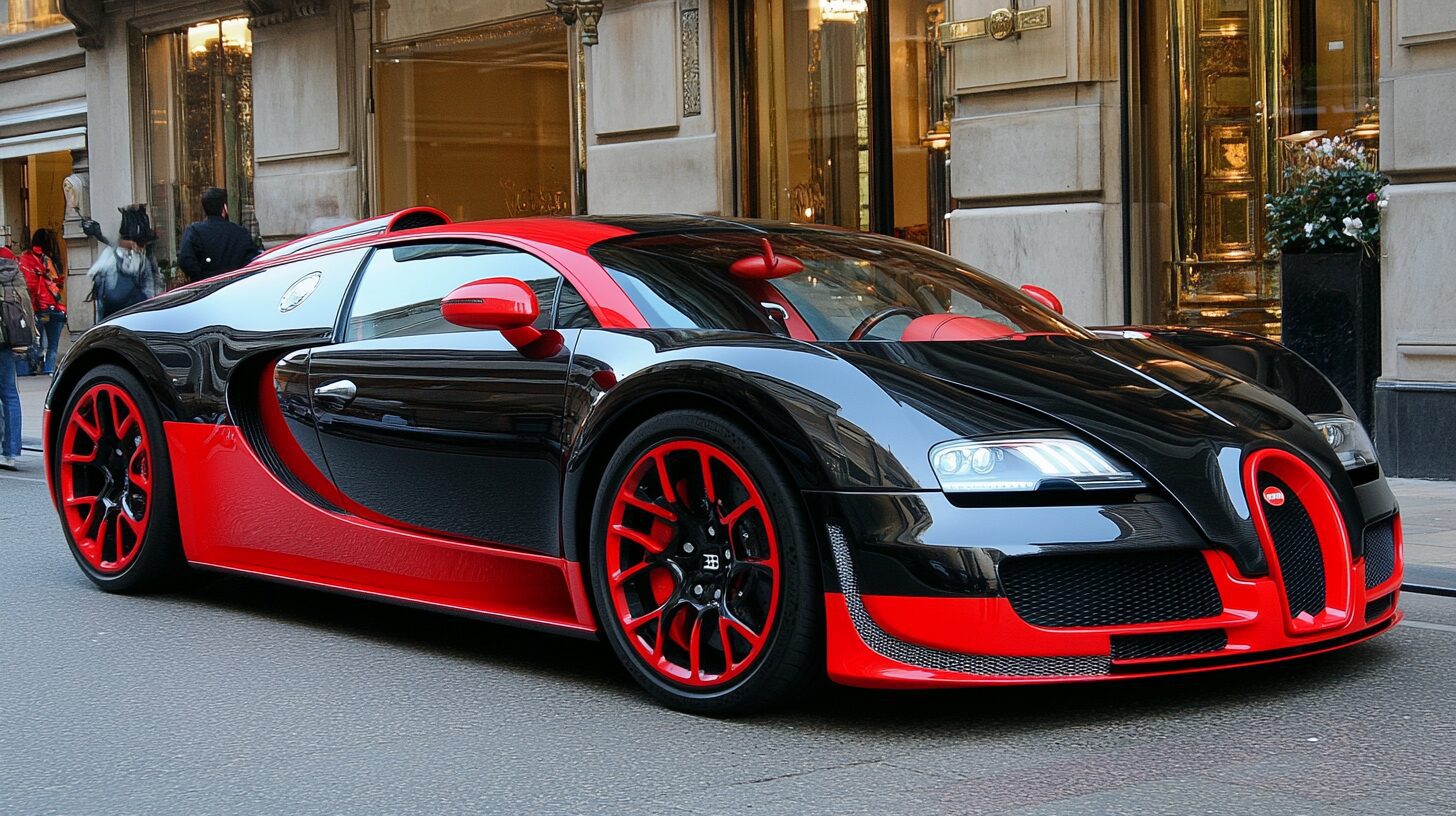 A black and red Bugatti Veyron parked on a city street in front of luxury storefronts.