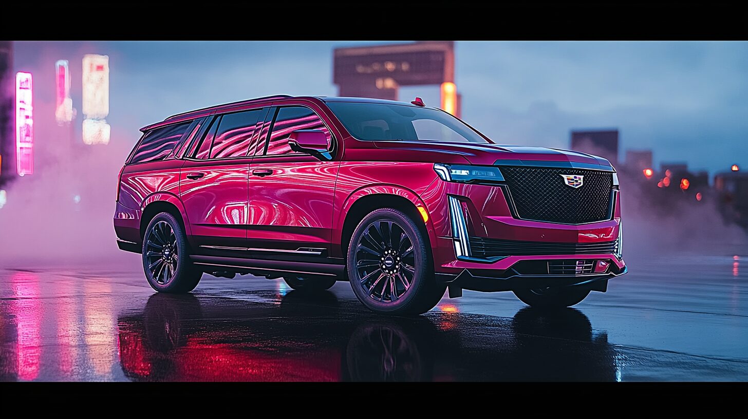 A red Cadillac Escalade SUV parked on a wet street at dusk with city lights reflecting on the surface.