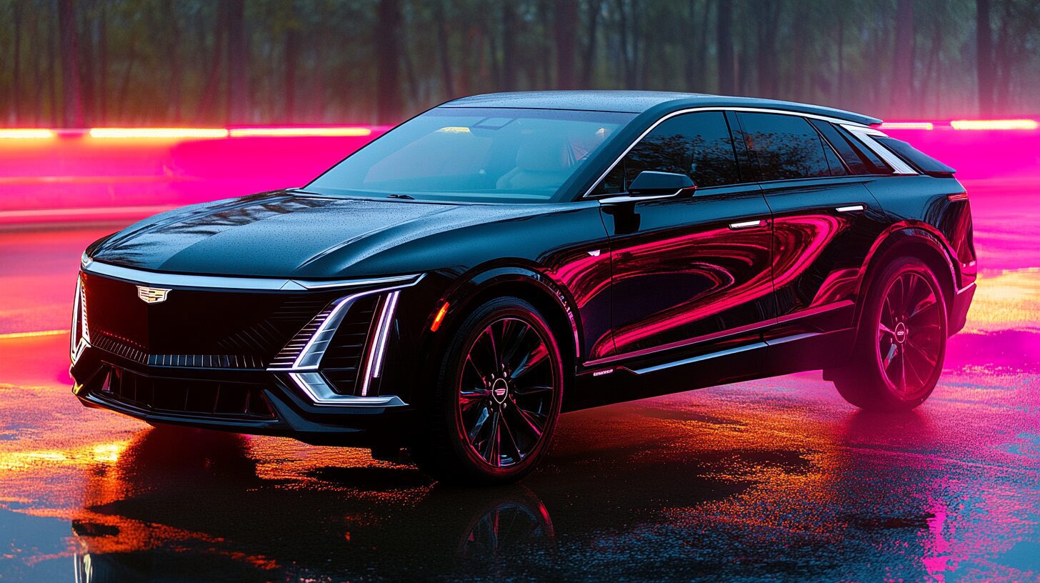 A sleek black Cadillac Lyriq EV parked on a wet road at night, illuminated by vibrant pink and blue neon lights.