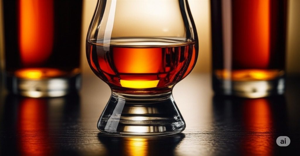 A close-up of a glass of amber whiskey, with two other blurred glasses in the background.