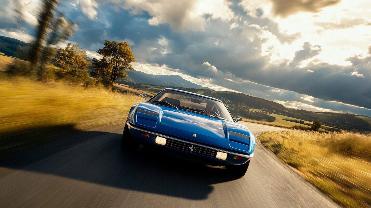 A blue vintage Ferrari drives on a winding road through a sunlit, grassy landscape with mountains.