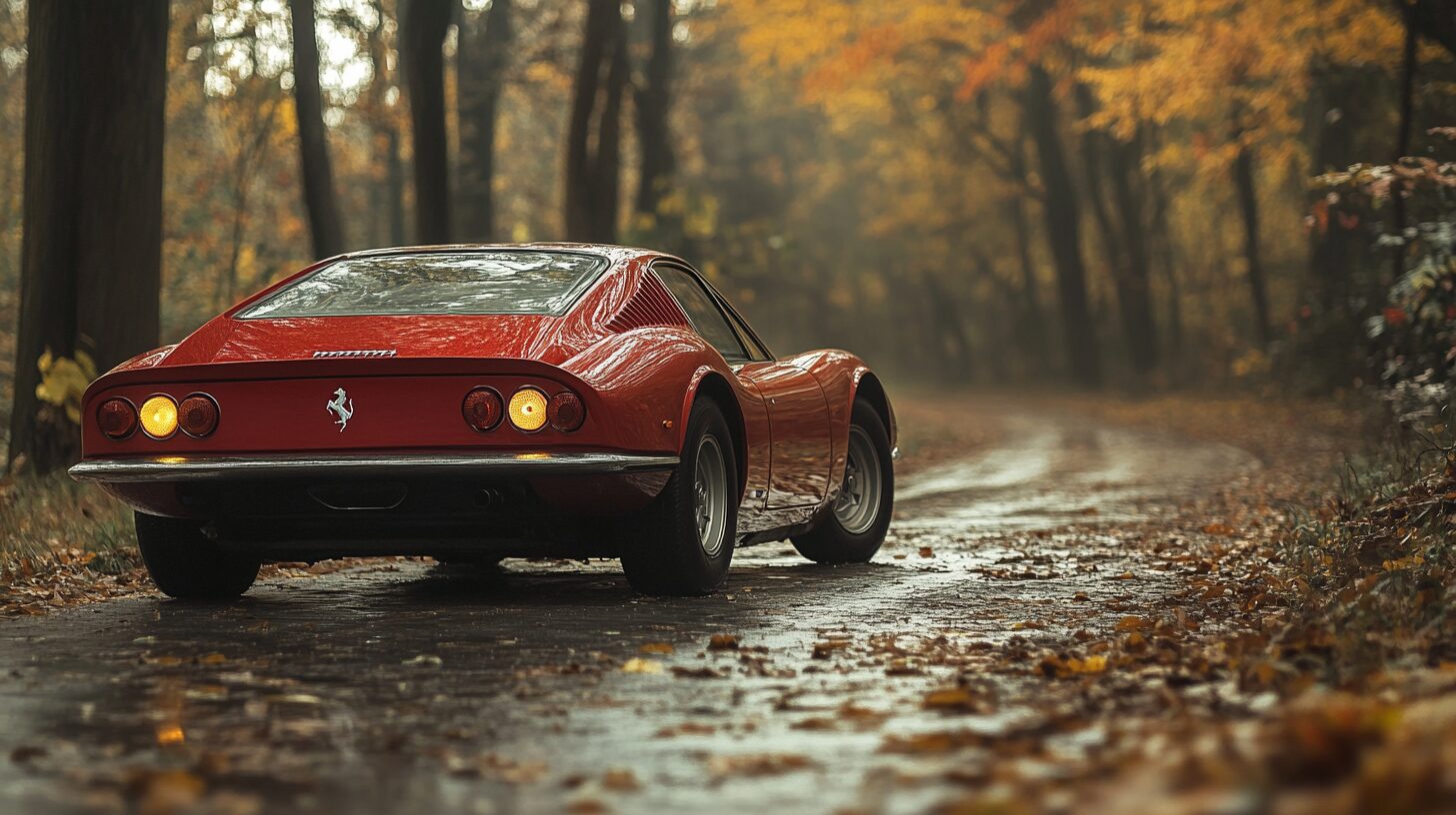 A classic red Ferrari parked on a wet, leaf-strewn road in an autumn forest.