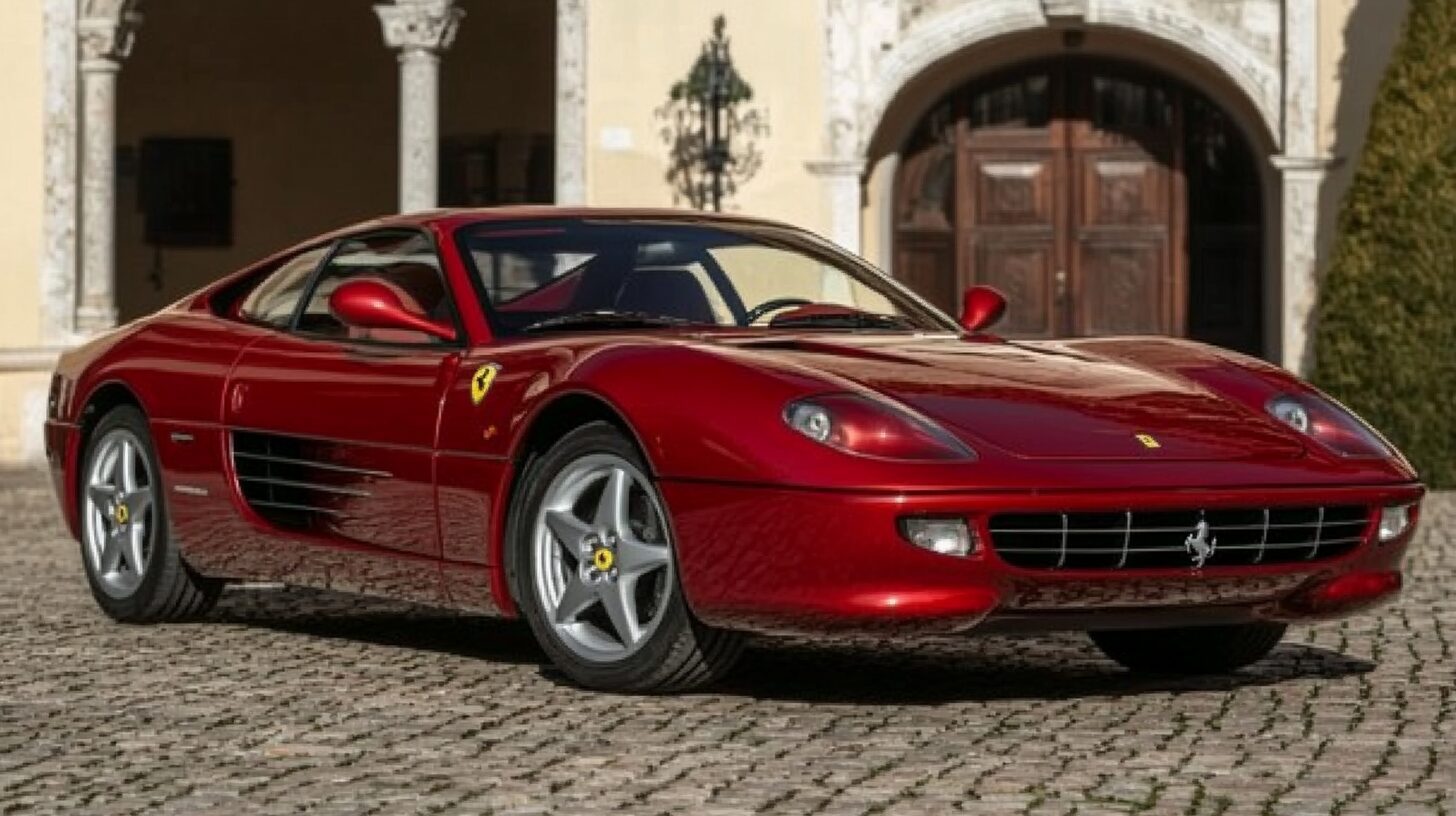 A sleek red Ferrari F512 M sports car parked on a cobblestone driveway in front of a grand building.