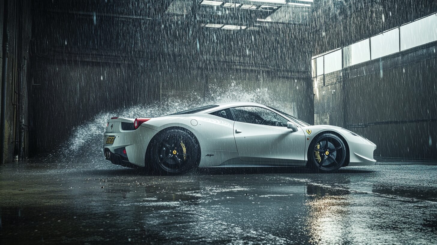 A white Ferrari 458 Italia is parked in a garage with water splashing around it, creating a dynamic scene.