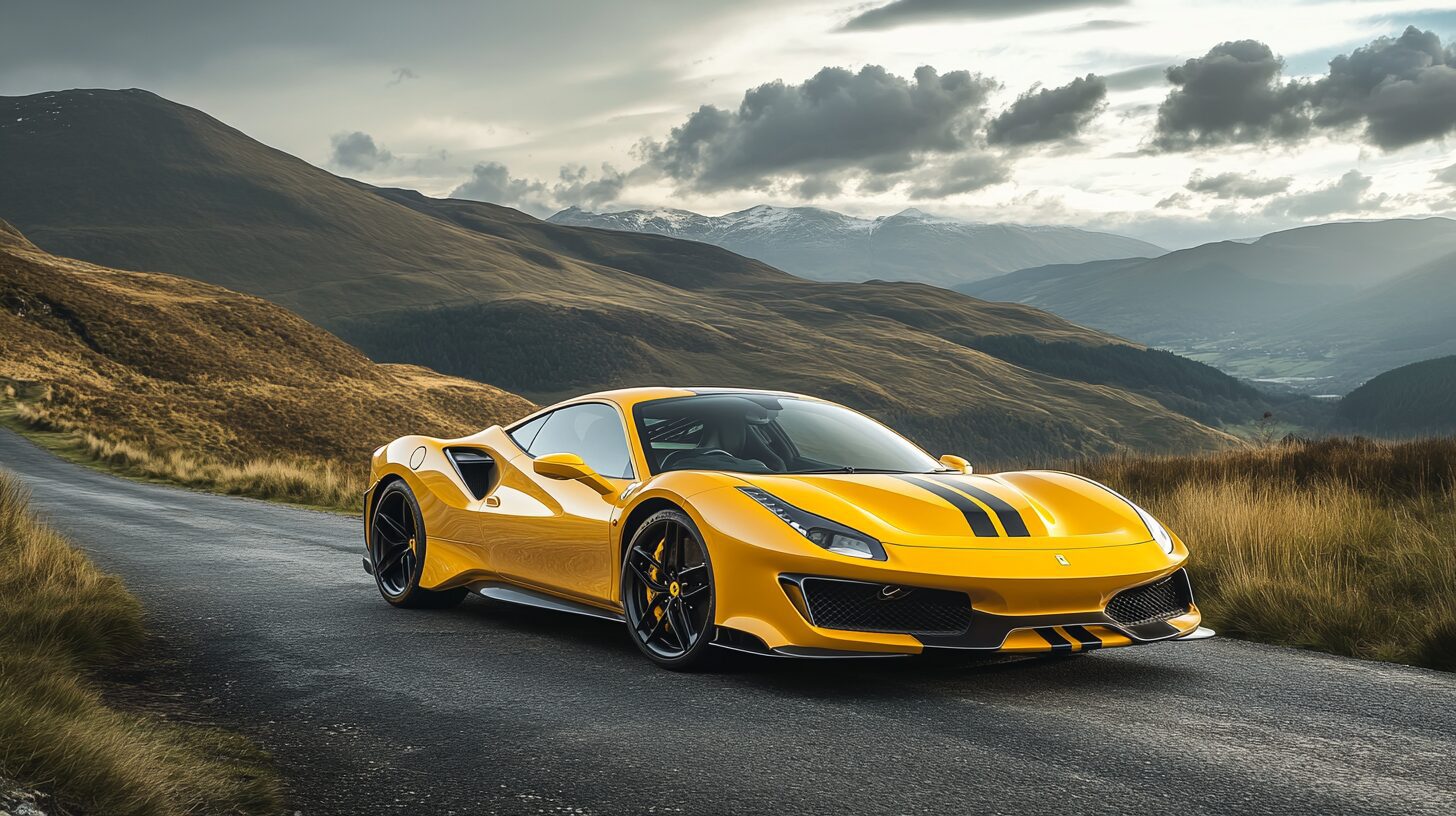 A yellow Ferrari 488 Pista with black racing stripes drives on a winding road through mountains.
