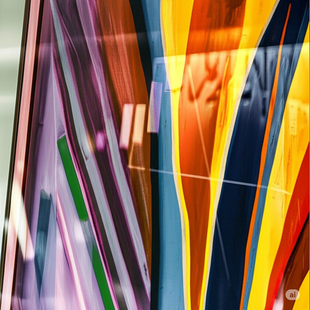 Abstract painting with vertical stripes of various colors, including purple, orange, yellow, and blue.