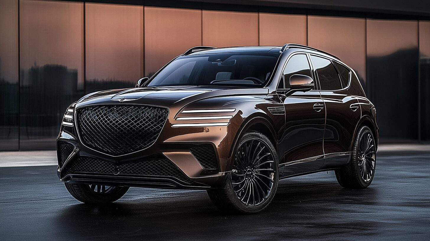 A sleek, dark brown Genesis GV80 SUV with a large grille and distinctive LED headlights, parked in front of a modern building.