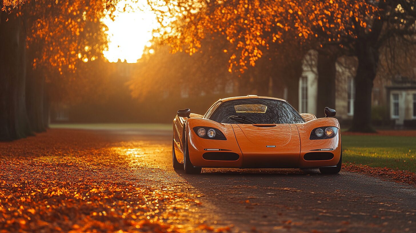 An orange McLaren F1 sports car on an autumn road with fallen leaves and a bright sunset.
