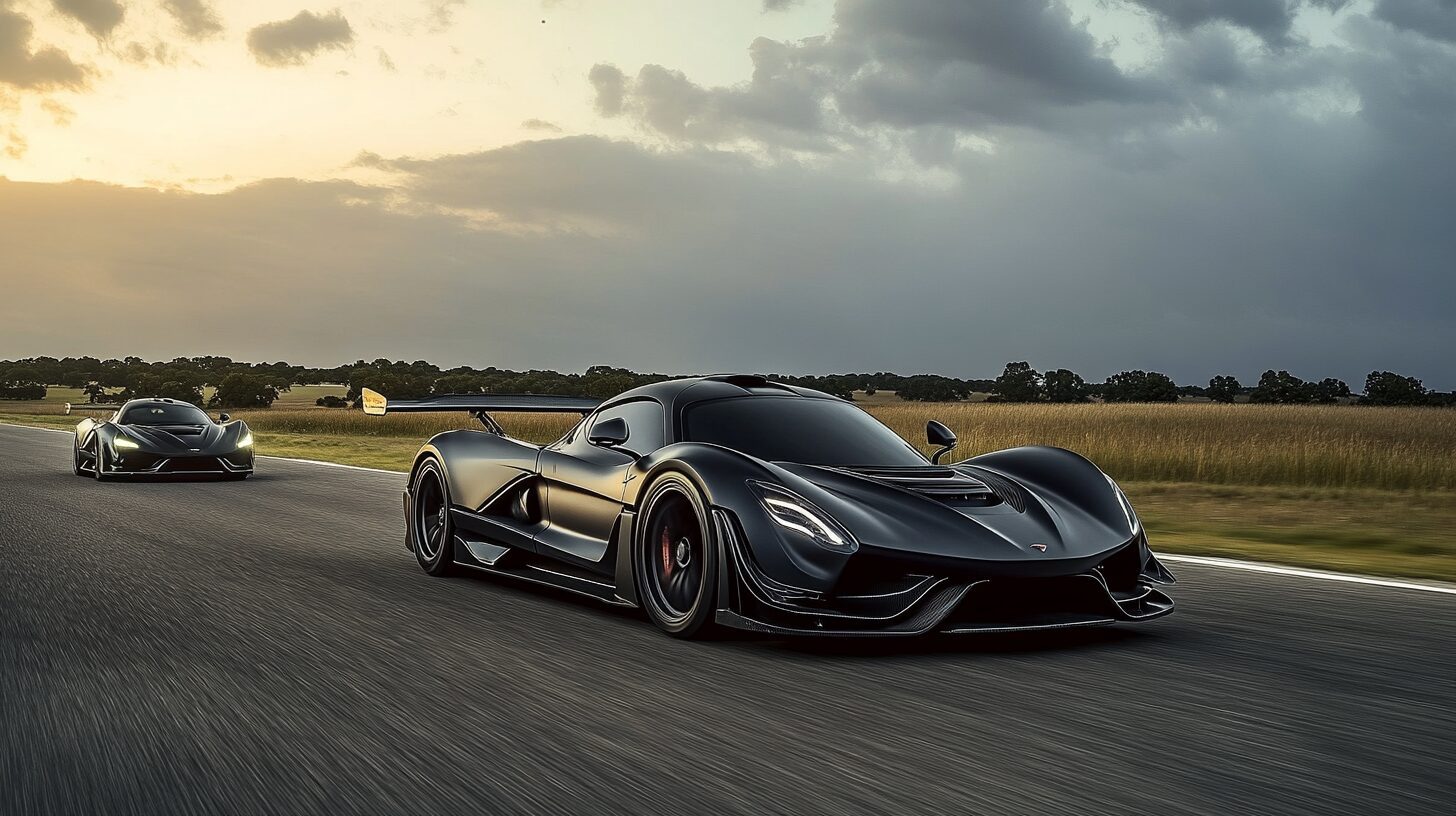 Two sleek, black hypercars race on a track at sunset, with fields in the background.