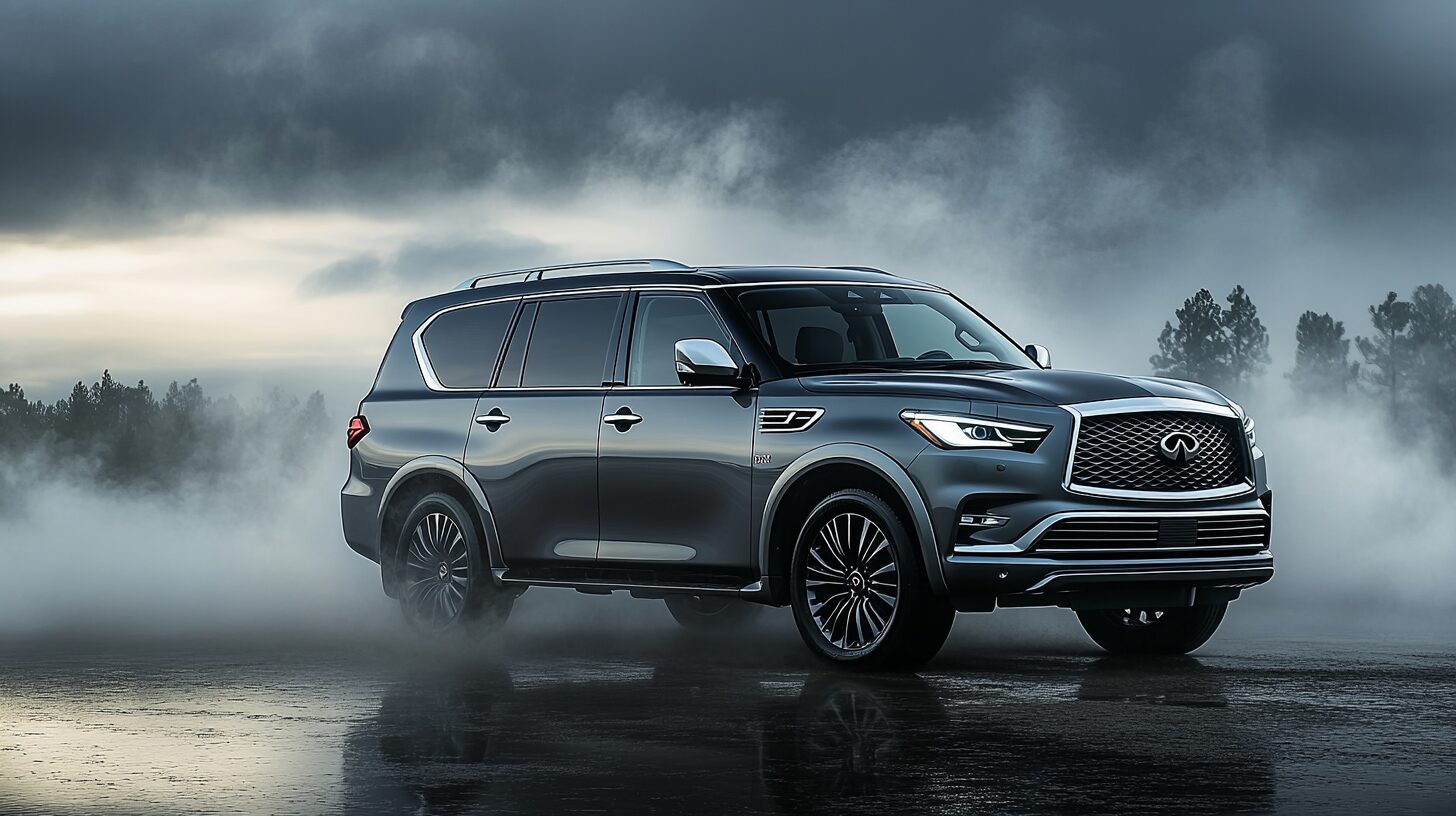 A dark gray Infiniti QX80 SUV drives through a misty, wet landscape under a dramatic sky.