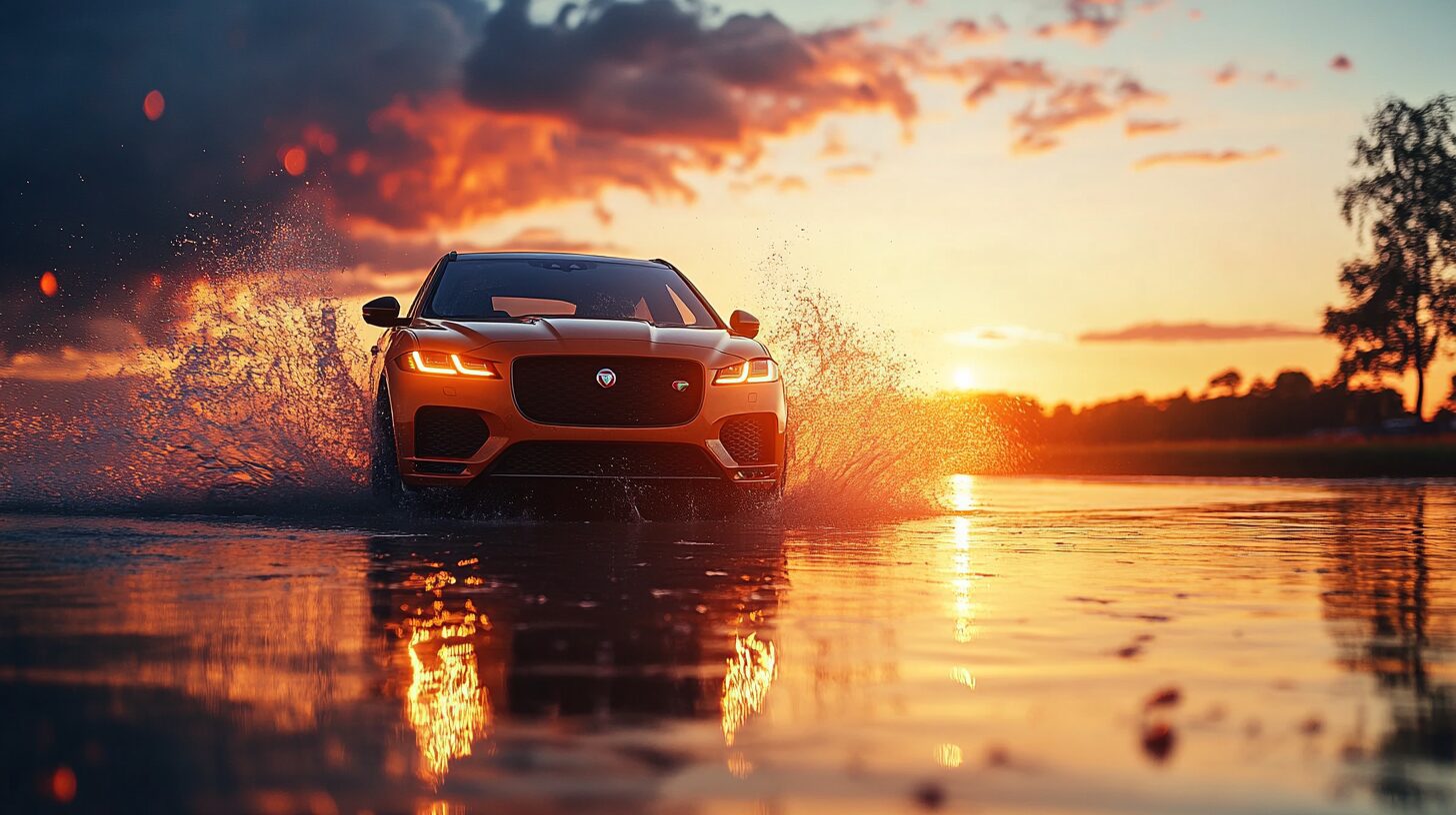 Orange Jaguar SUV driving through water at sunset, creating large splashes.