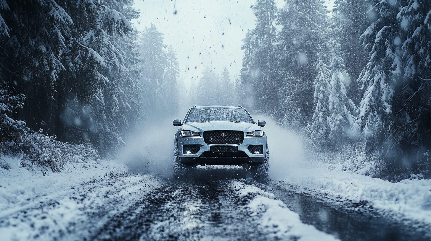 A gray Jaguar F-Pace SVR drives through a snowy forest road, splashing snow and water.