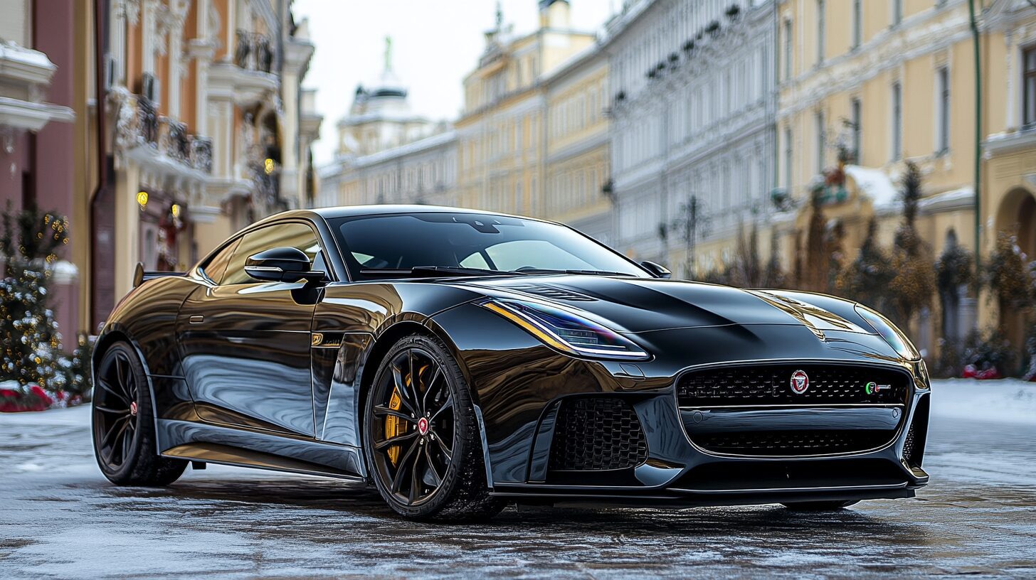 A sleek black Jaguar F-Type sports car parked on a wet street in a European city.