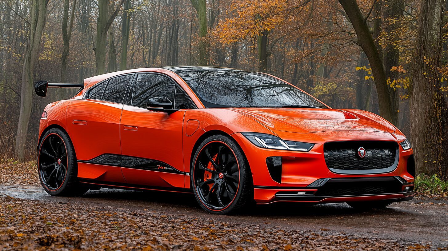 Orange Jaguar I-Pace EV with black accents, parked on a wet road in an autumn forest.