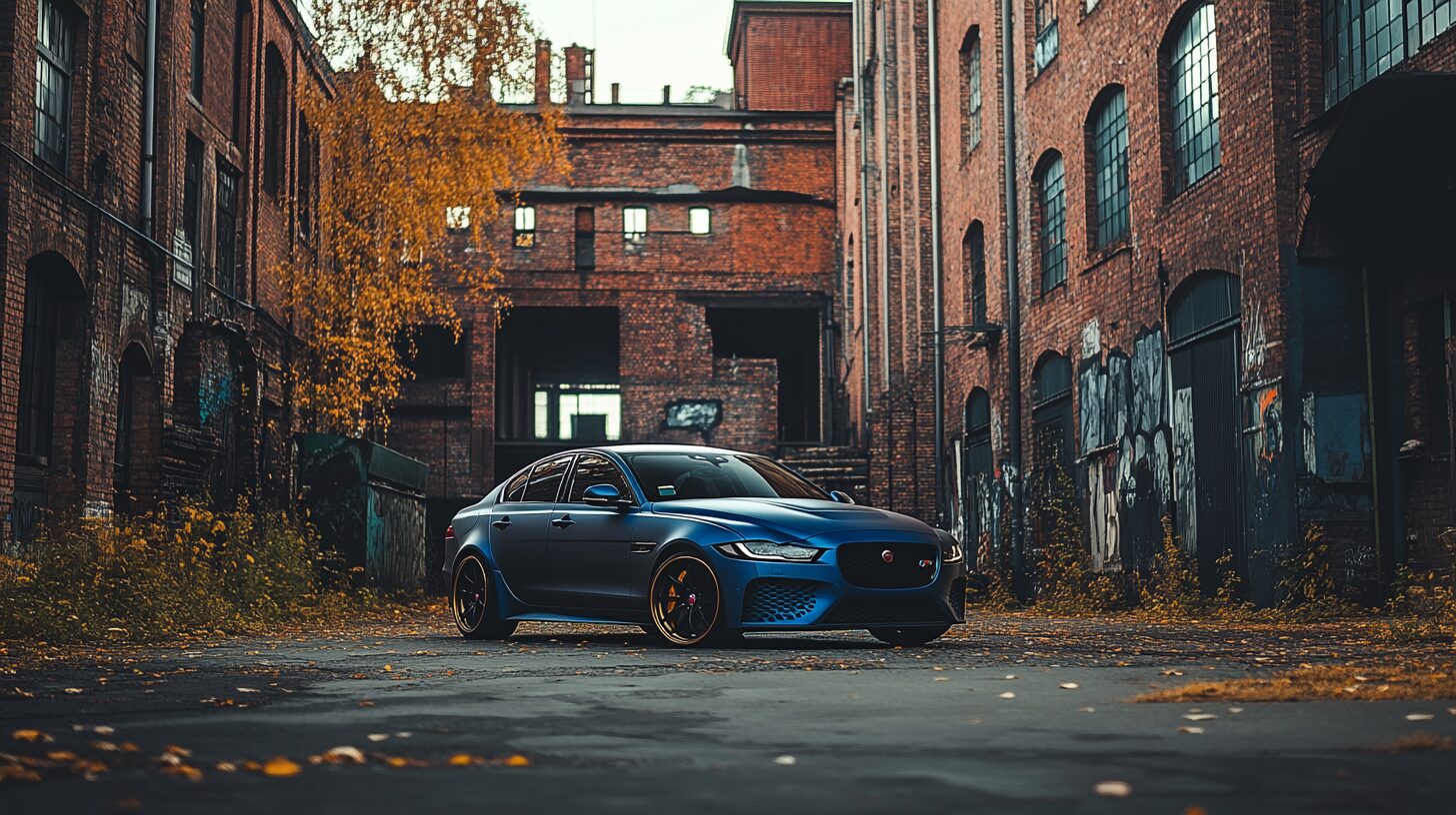 A sleek blue Jaguar XE SV Project 8 parked in an alley between old brick buildings with autumn leaves.