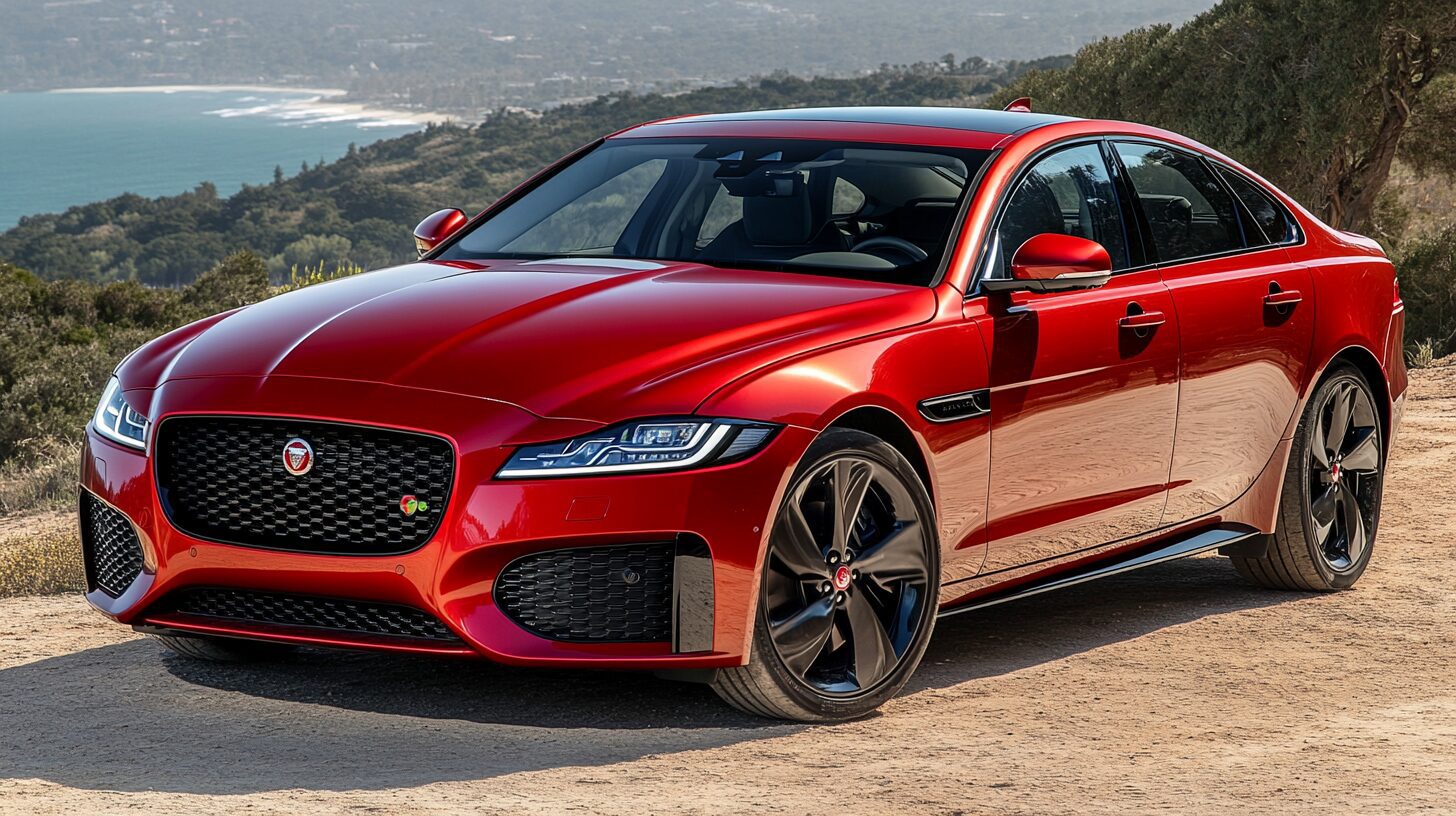 A red Jaguar XF parked on a dirt road overlooking a scenic coastal landscape.