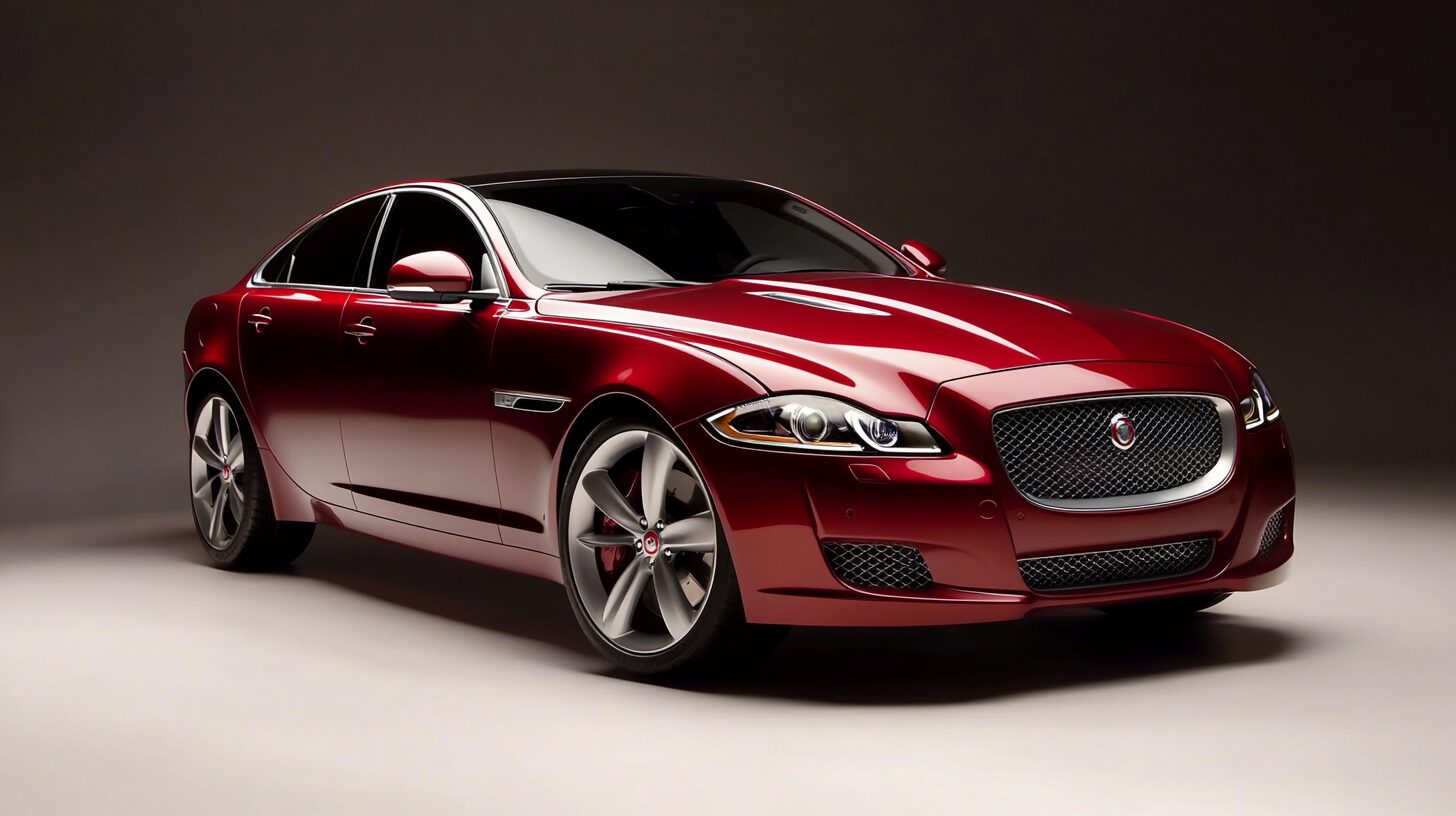 A sleek, dark red Jaguar XJ sedan with a black roof, parked in a studio setting with soft lighting.