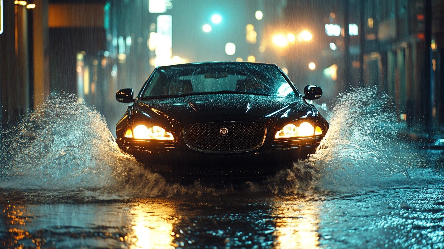 A black car drives through a puddle on a wet city street at night, splashing water.