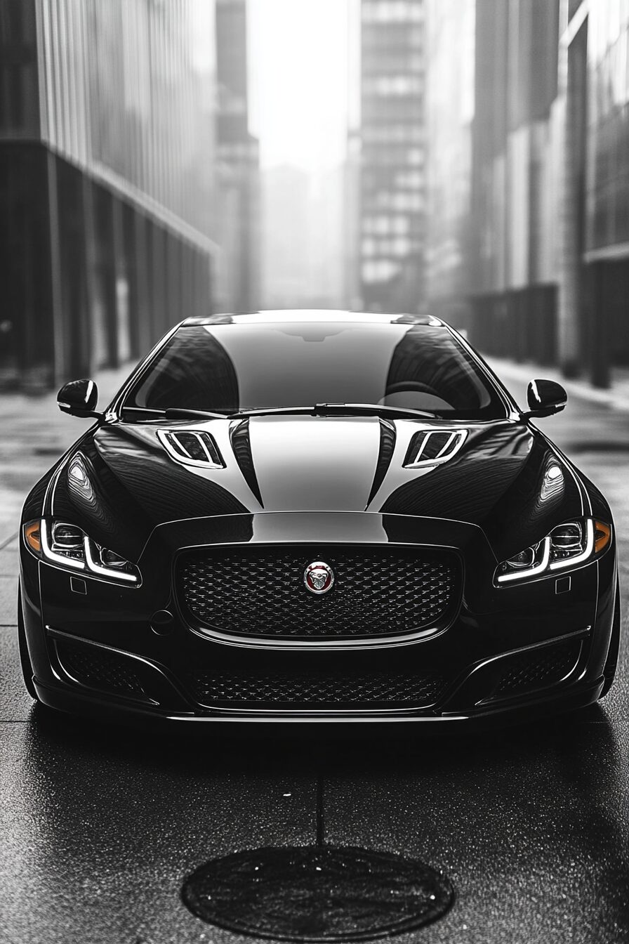 A sleek, black Jaguar XJ parked on a wet city street, viewed from the front, with blurred buildings in the background.