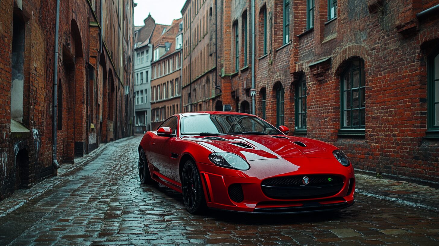 A red Jaguar sports car parked on a wet, cobblestone street in a historic European city.