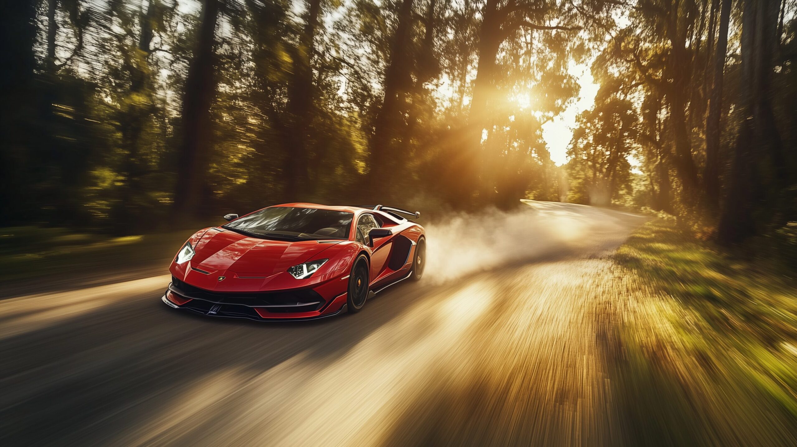 Red Lamborghini speeding on a winding road through a sunlit forest, kicking up dust.