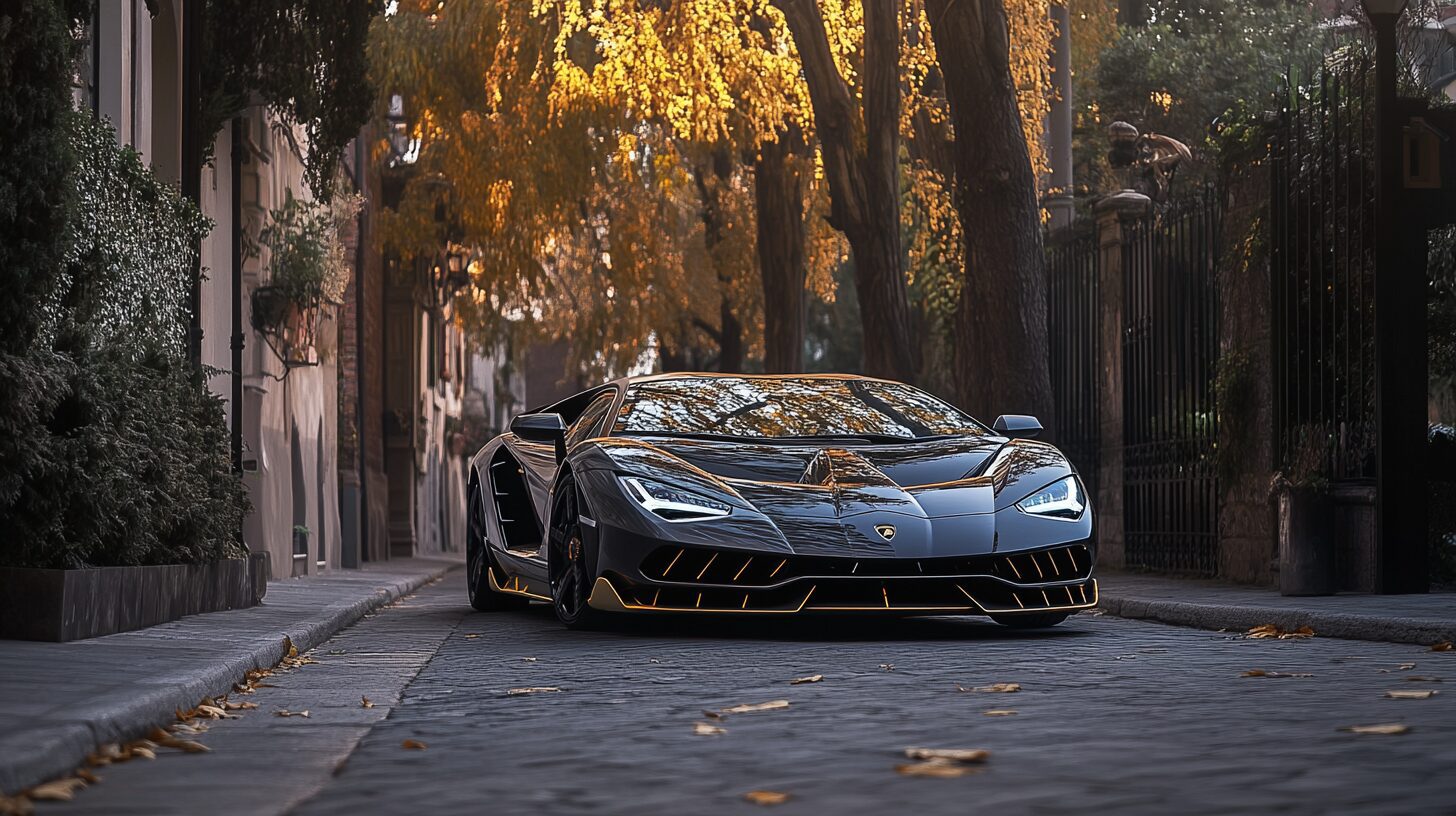 A sleek black Lamborghini Centenario with gold accents parked on a cobblestone street lined with autumn trees.