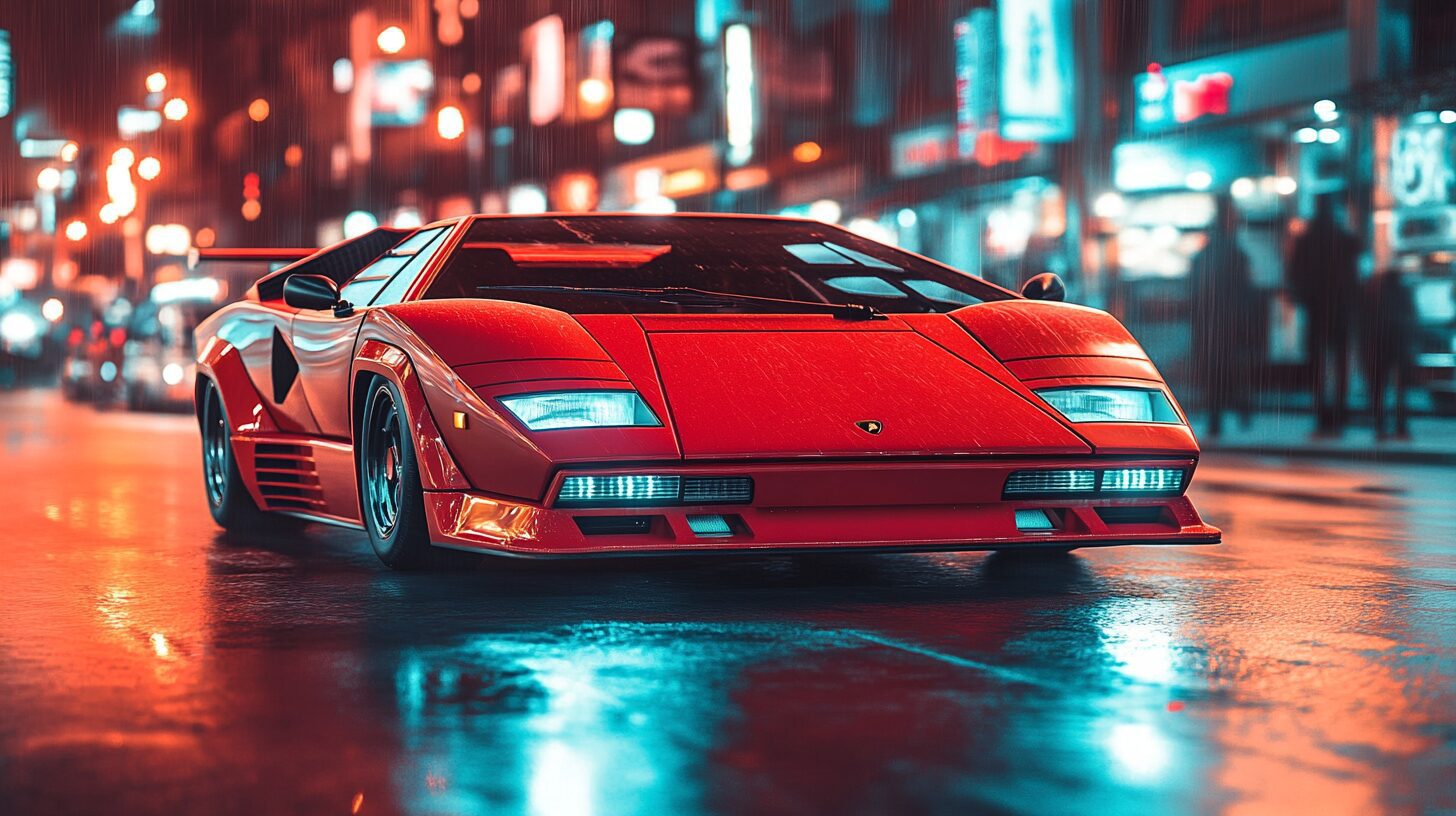 A red Lamborghini Countach parked on a wet street at night, with neon lights reflecting on the surface.