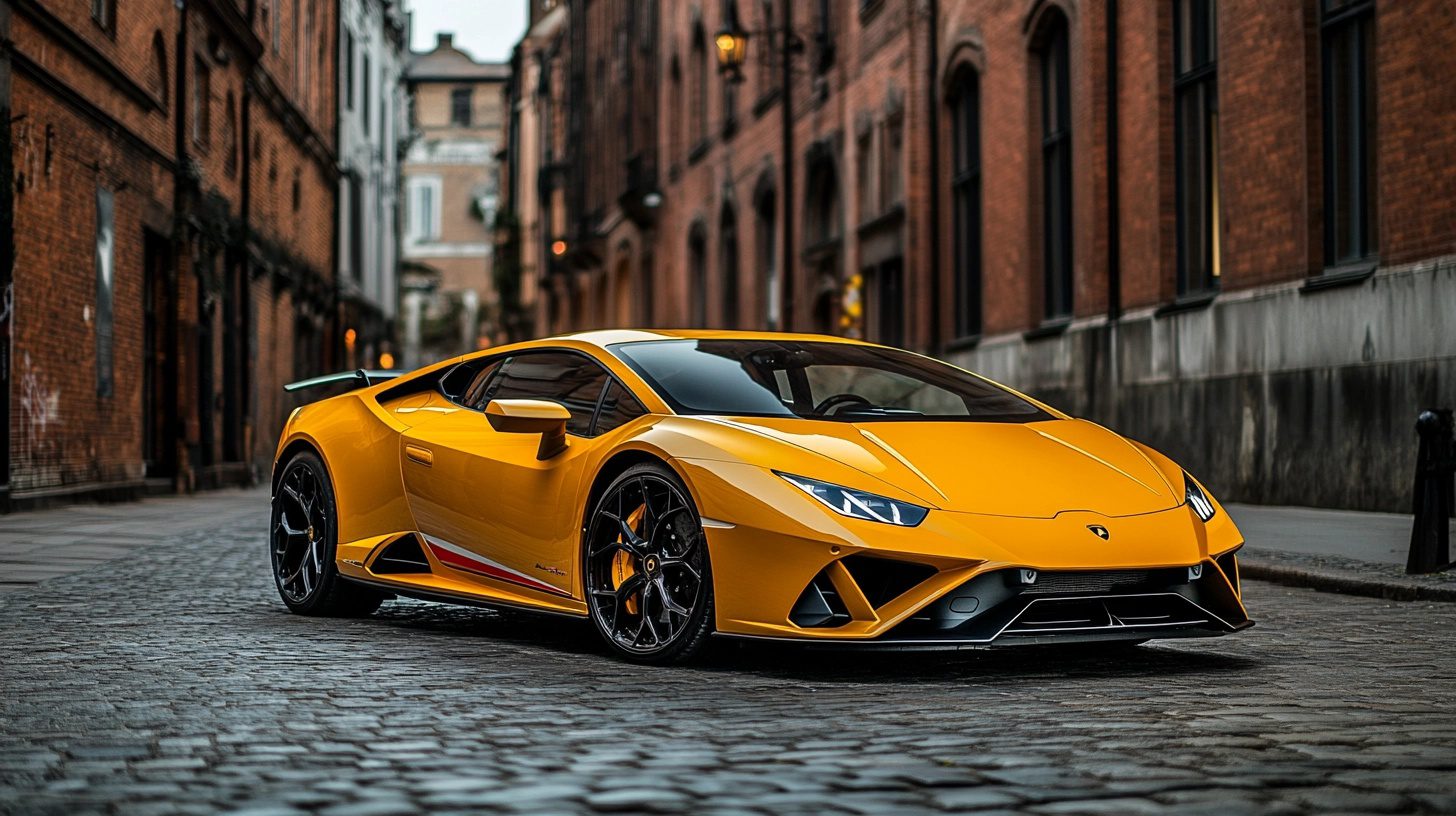 A vibrant yellow Lamborghini Huracán parked on a cobblestone street in a historic city.
