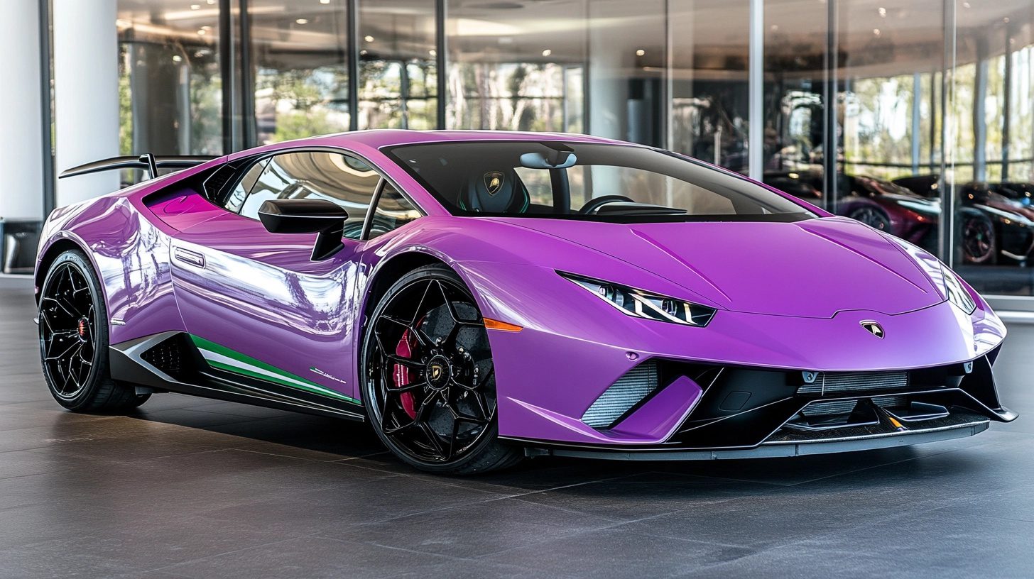 A vibrant purple Lamborghini Huracán EVO parked indoors, showcasing its sleek design and sporty features.