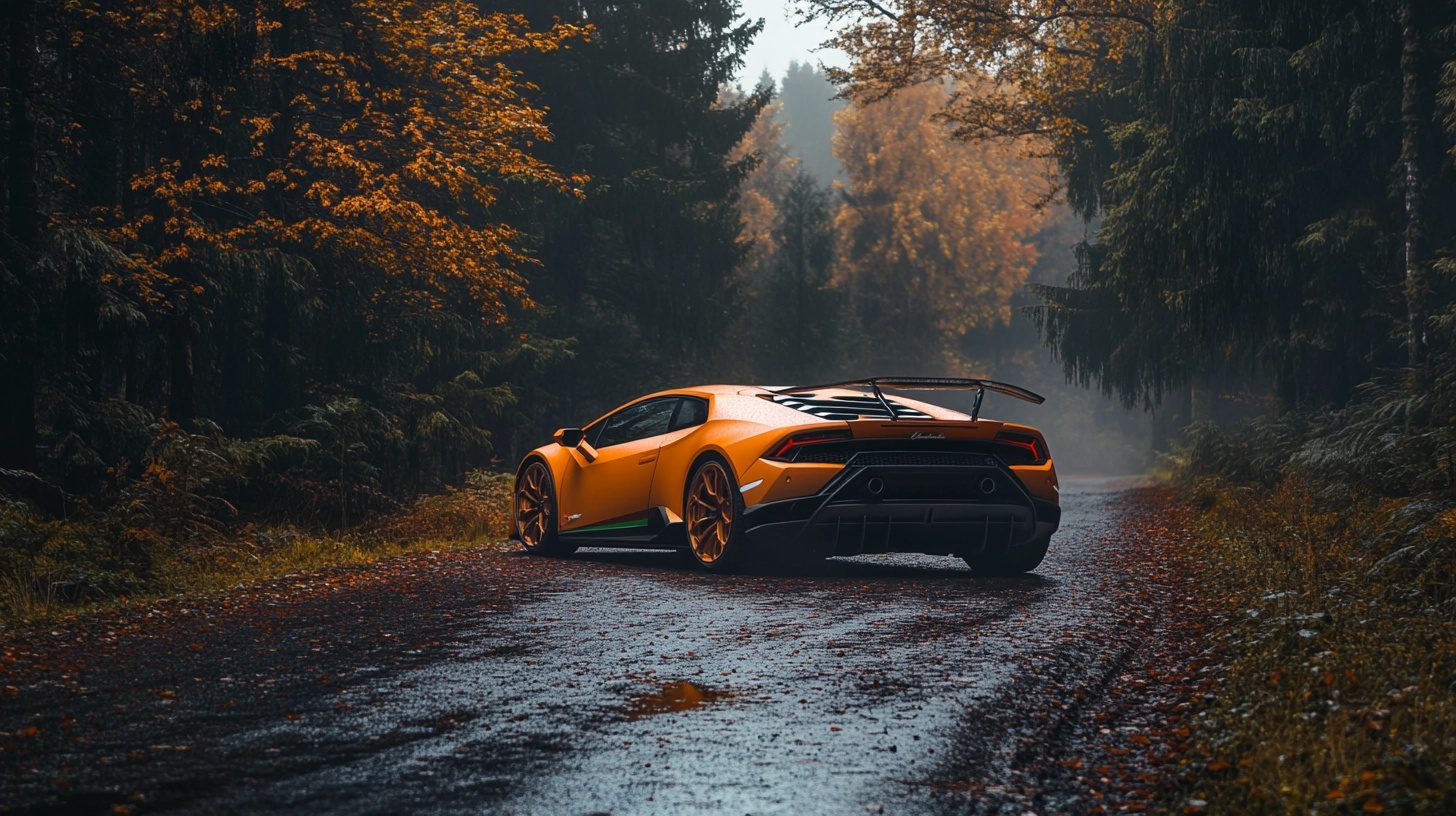 Orange Lamborghini Huracán STO on a wet, tree-lined road in autumn.