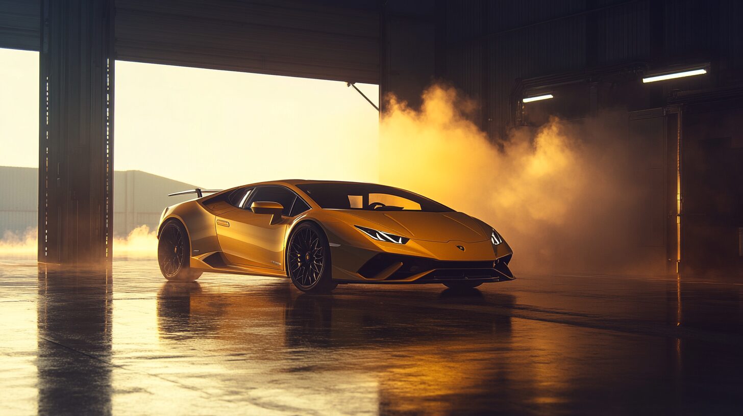 A golden Lamborghini Huracán STO in a garage with smoke and sunlight streaming in.