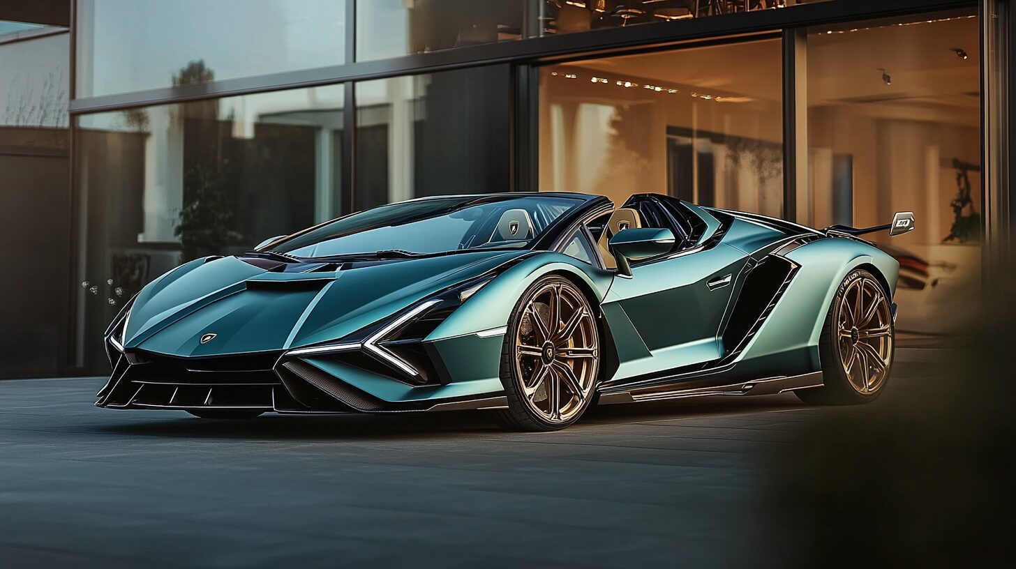 A teal Lamborghini Sian Roadster parked outside a modern building.