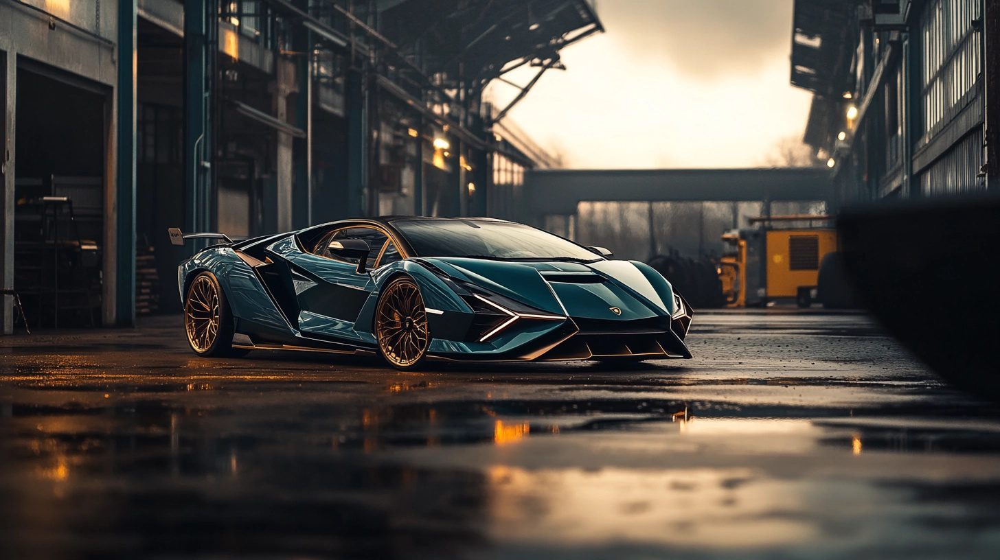 A sleek, teal Lamborghini Sian with bronze wheels parked in a wet, industrial setting at dusk.