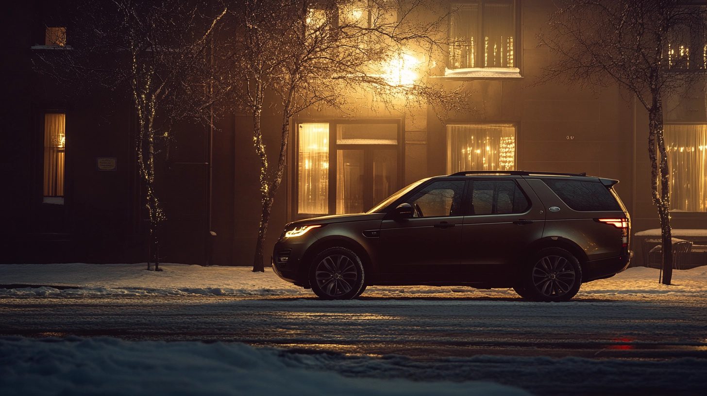 A dark SUV parked on a snowy street at night, illuminated by warm lights from nearby buildings and bare trees.