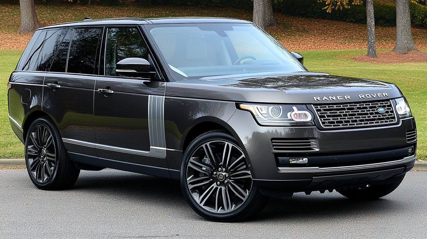 A dark grey Range Rover parked on a paved road with trees in the background, showcasing its sleek design and wheels.