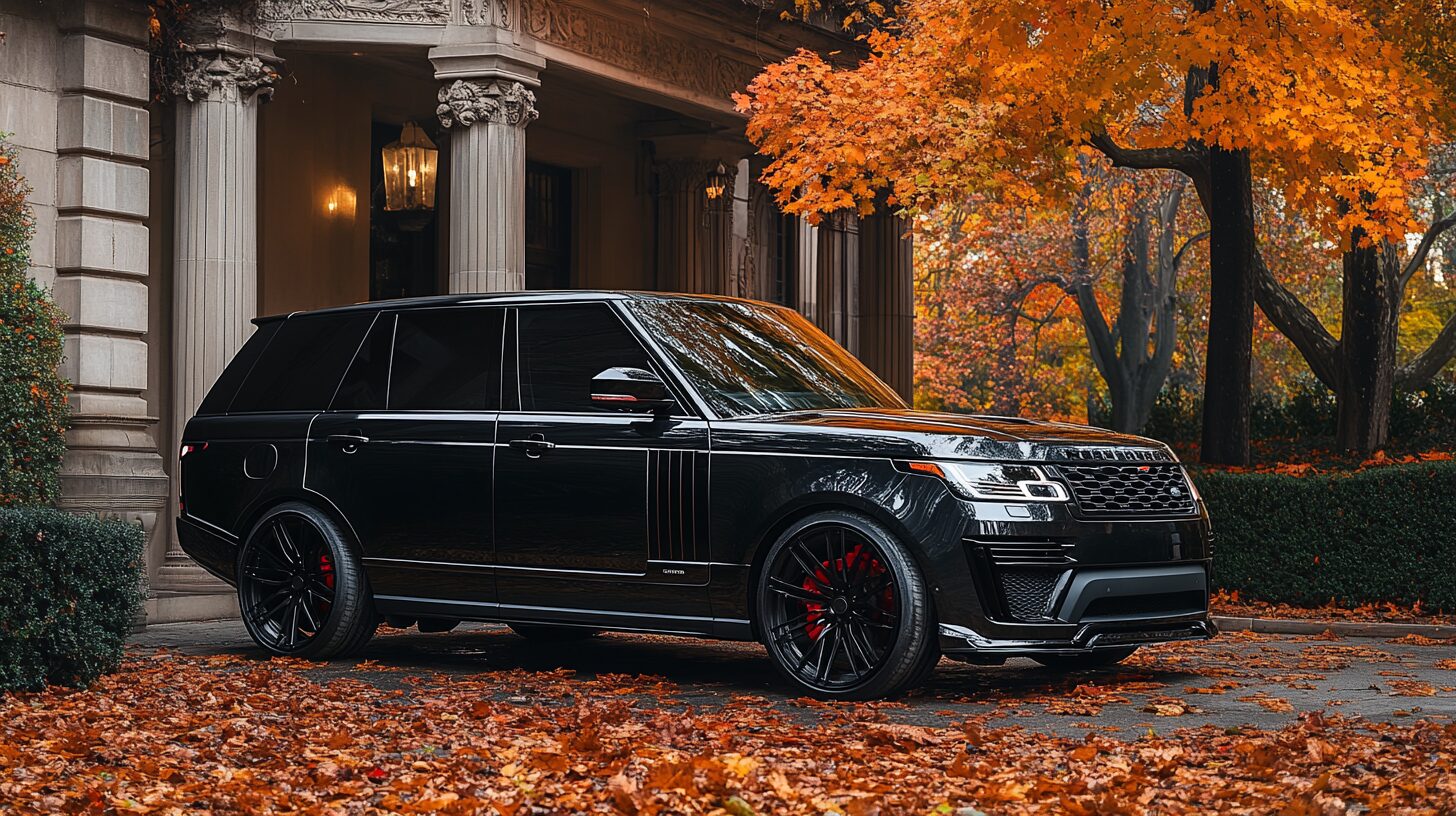 A black Range Rover parked on a driveway covered in autumn leaves, with a grand building in the background.