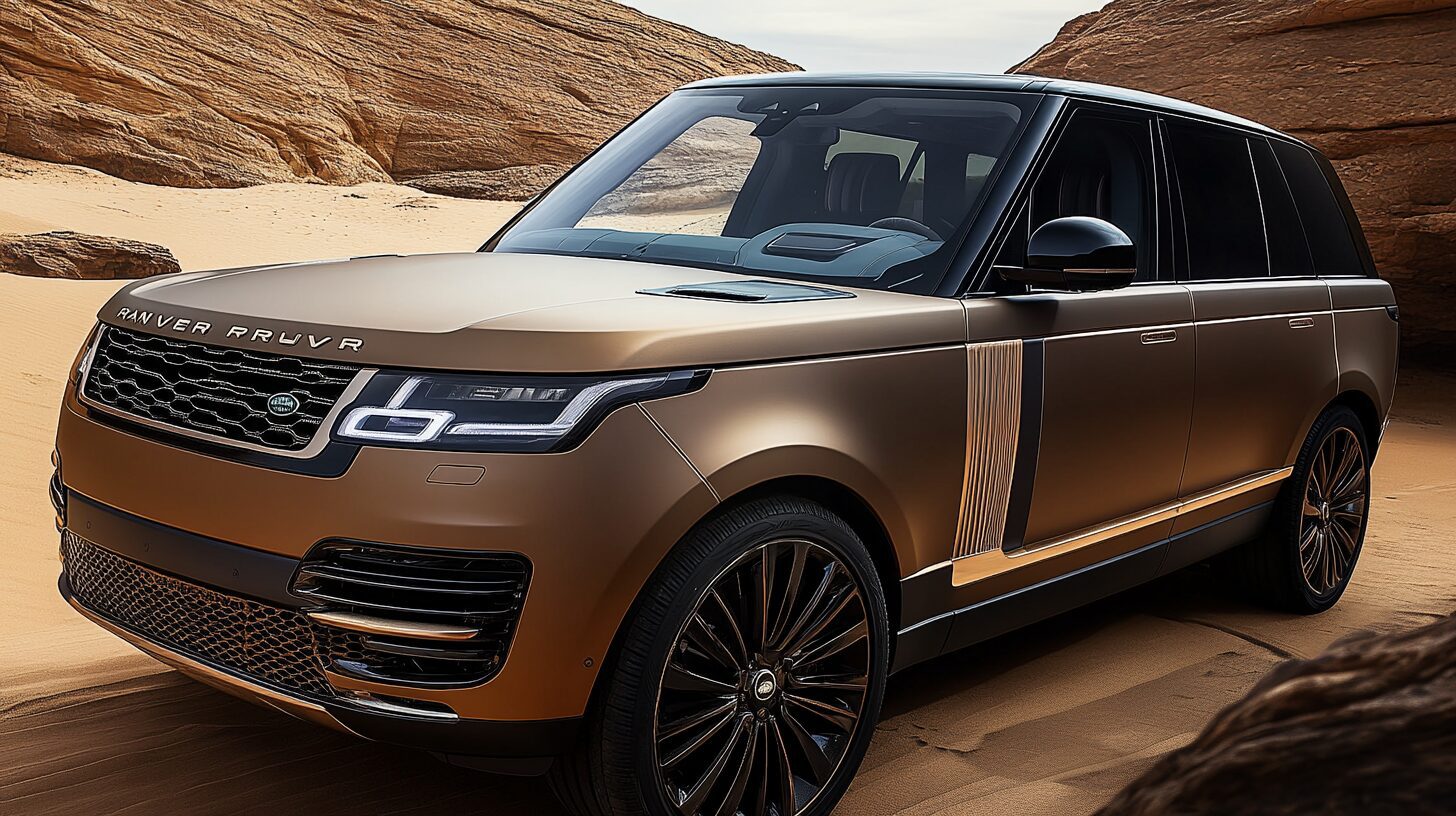 A luxurious bronze Range Rover SUV parked in a desert landscape with rocky hills.
