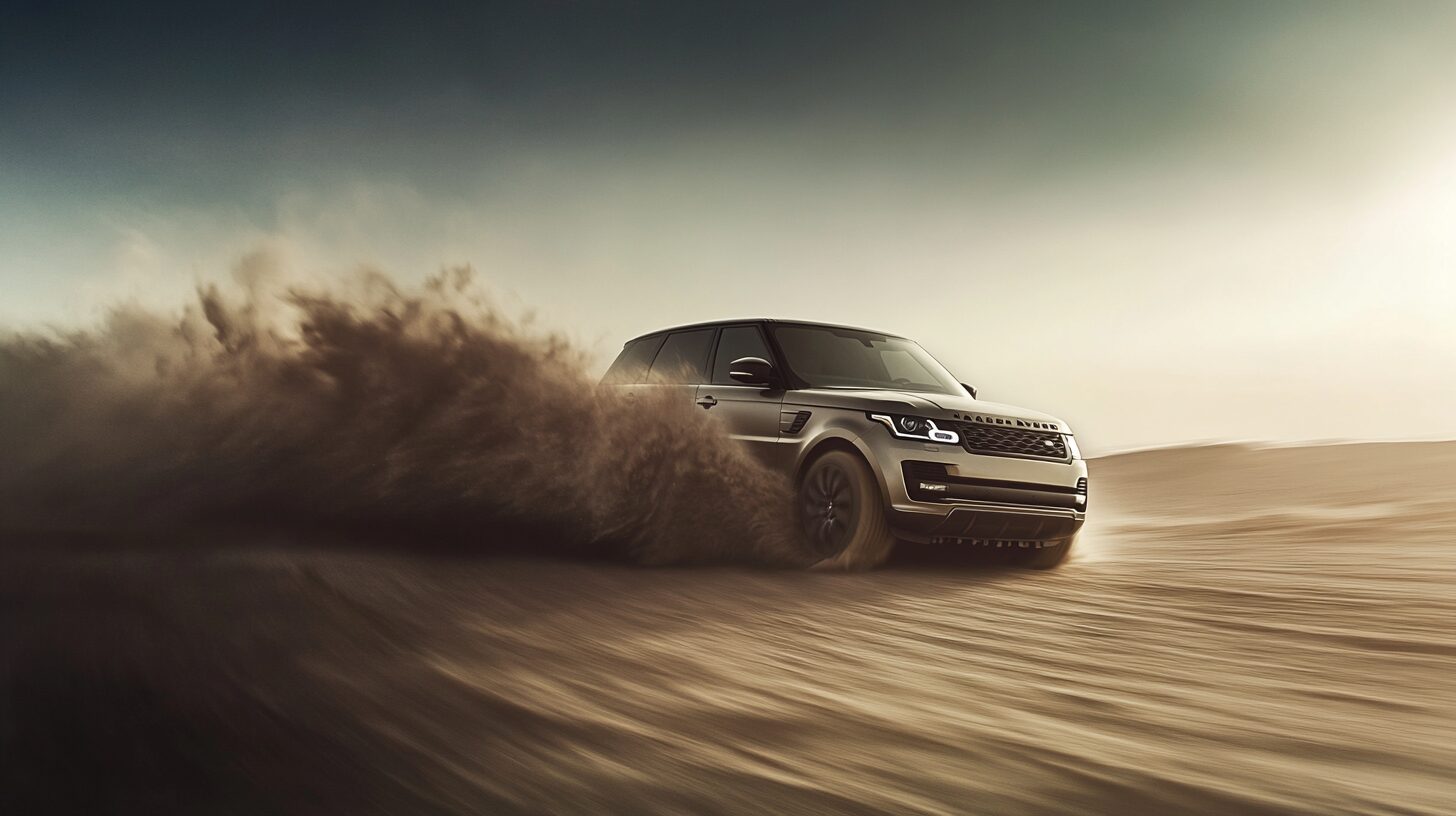 A Range Rover Sport kicks up a large cloud of dust while driving at high speed across a desert landscape.