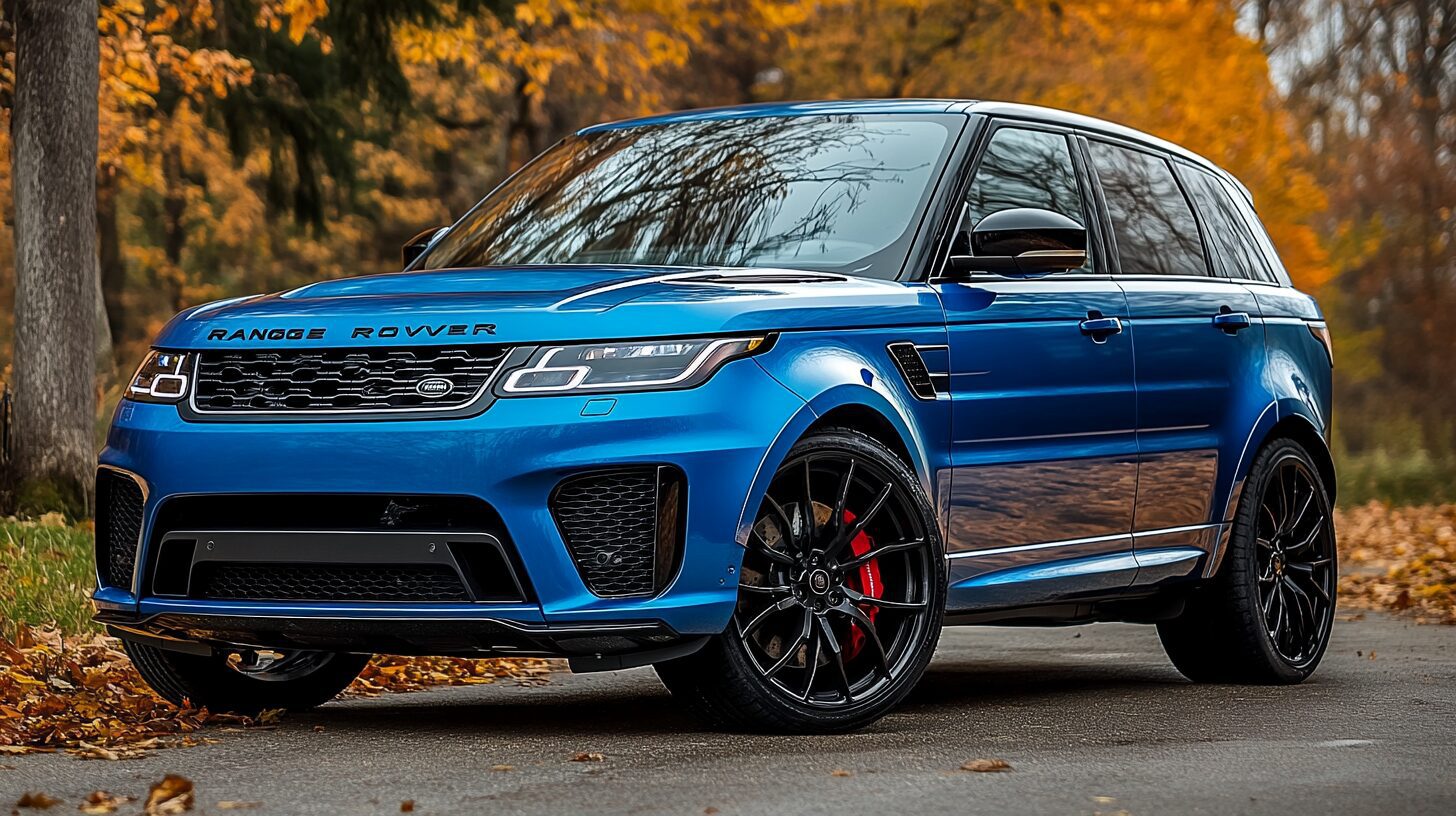 A blue Range Rover Sport parked on an autumn road with fallen leaves.