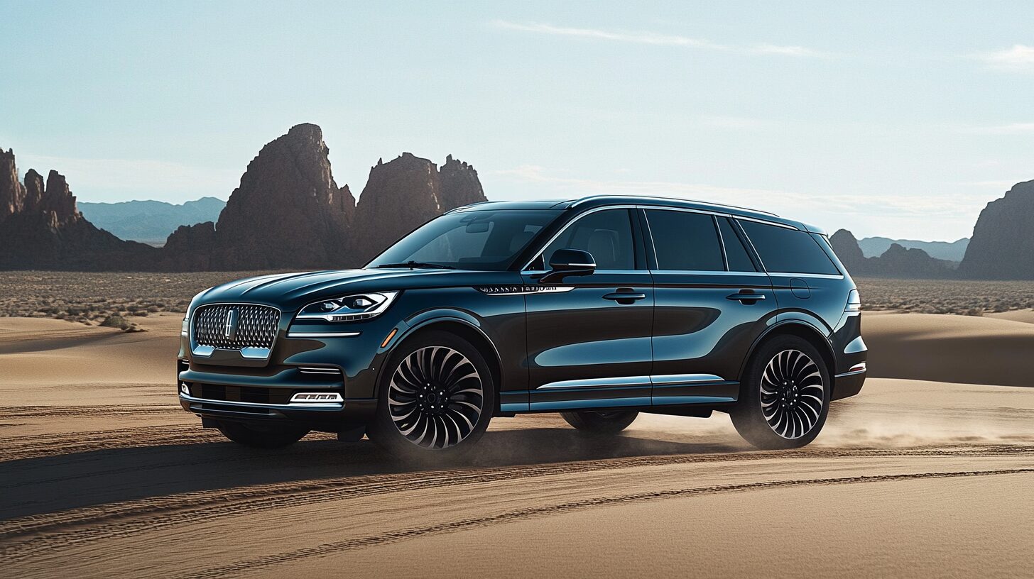 A dark blue Lincoln Aviator SUV drives through a sandy desert landscape under a clear sky.