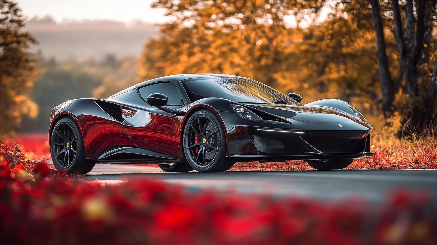 A sleek, black sports car with red accents parked on an autumn road surrounded by vibrant red and orange leaves.