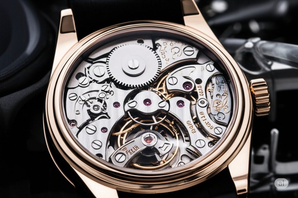 Close-up of a luxury watch's intricate mechanical movement with gears, springs, and jewels visible.