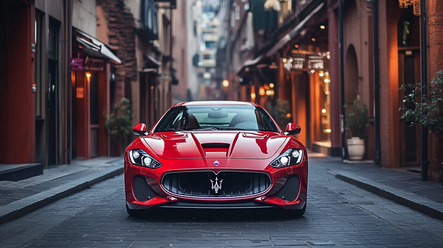 A sleek red Maserati GranTurismo parked on a cobblestone street in a European-style city.