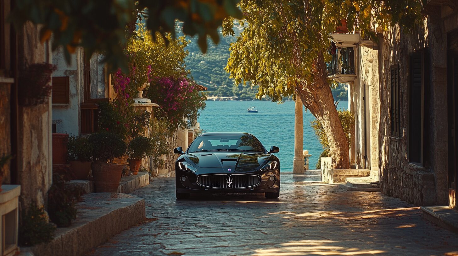 A black Maserati GranTurismo parked on a narrow, sunlit cobblestone street overlooking a serene blue sea.