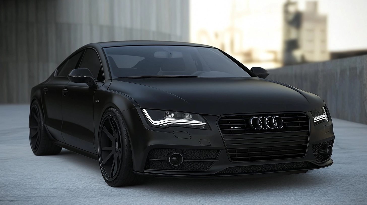 A matte black Audi A7 parked outdoors, showcasing its sleek design and dark aesthetic.