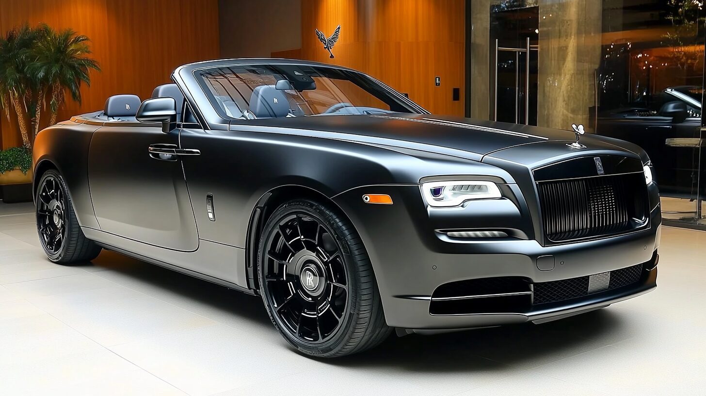 A matte black Rolls-Royce Dawn convertible with custom black wheels parked indoors.