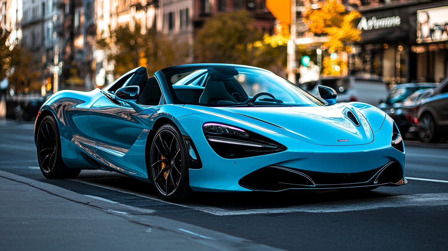 A vibrant blue McLaren 720S Spider parked on a city street with blurred urban background.